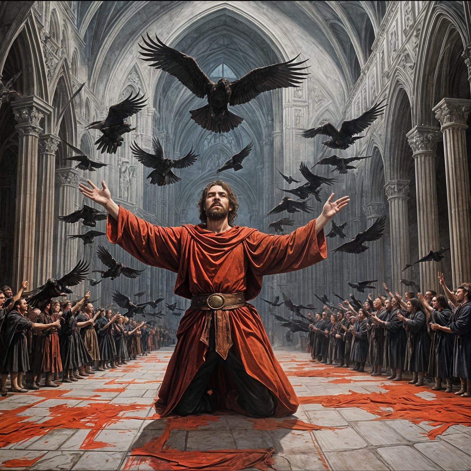 Macbeth Kneels Before a Blood-Red Cathedral