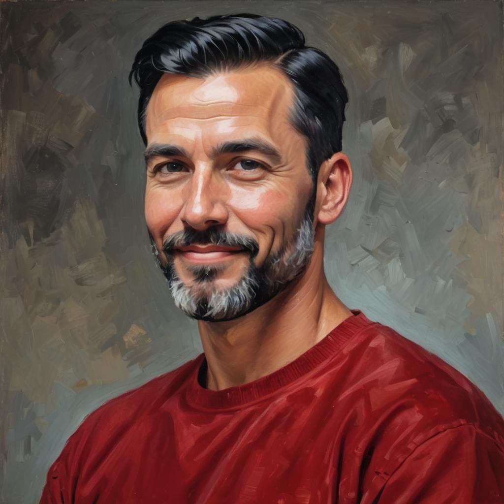 Joyful Man with Red Jumper as Impasto Oil Painting