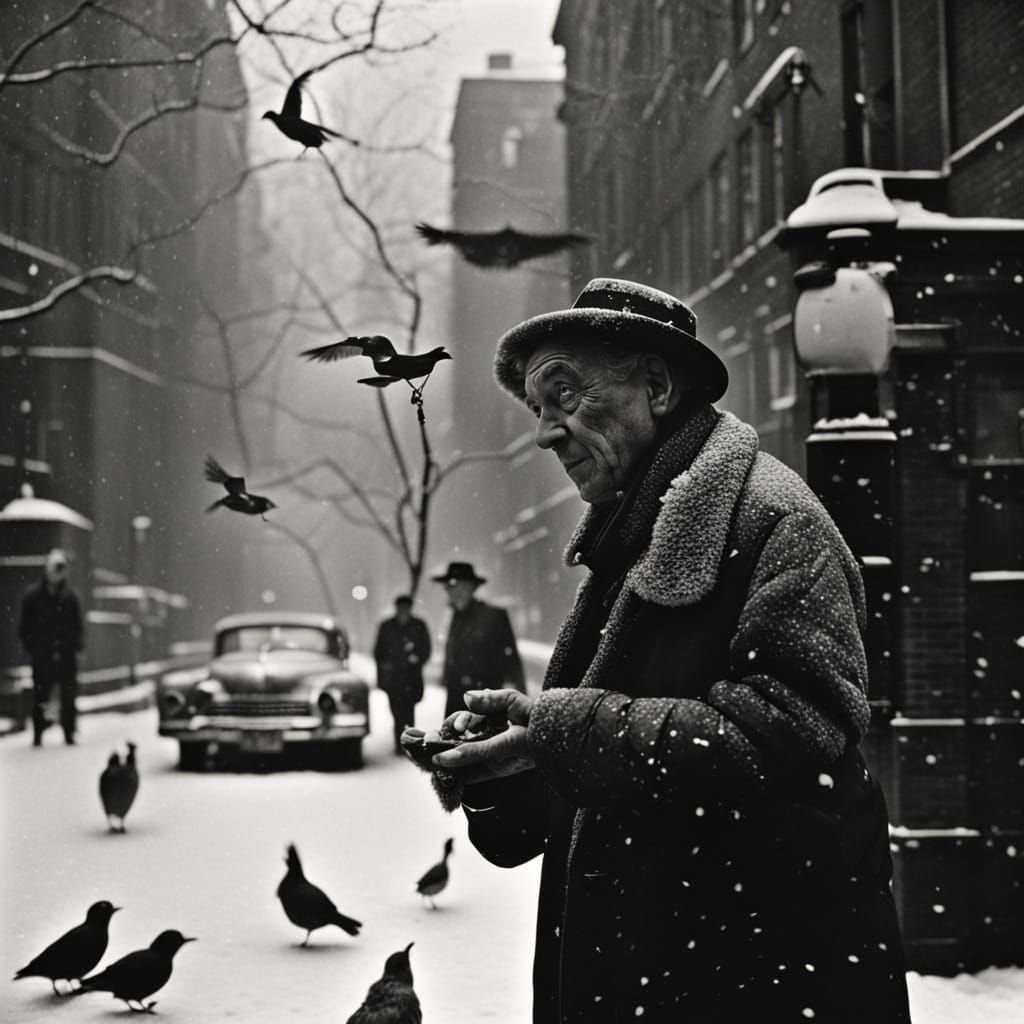 Film Noir: Man Feeding Birds in Snowy New York