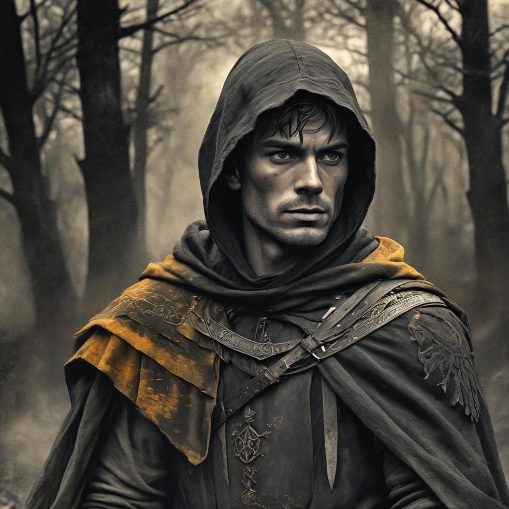 Medieval Ranger in Dramatic Charcoal Portrait