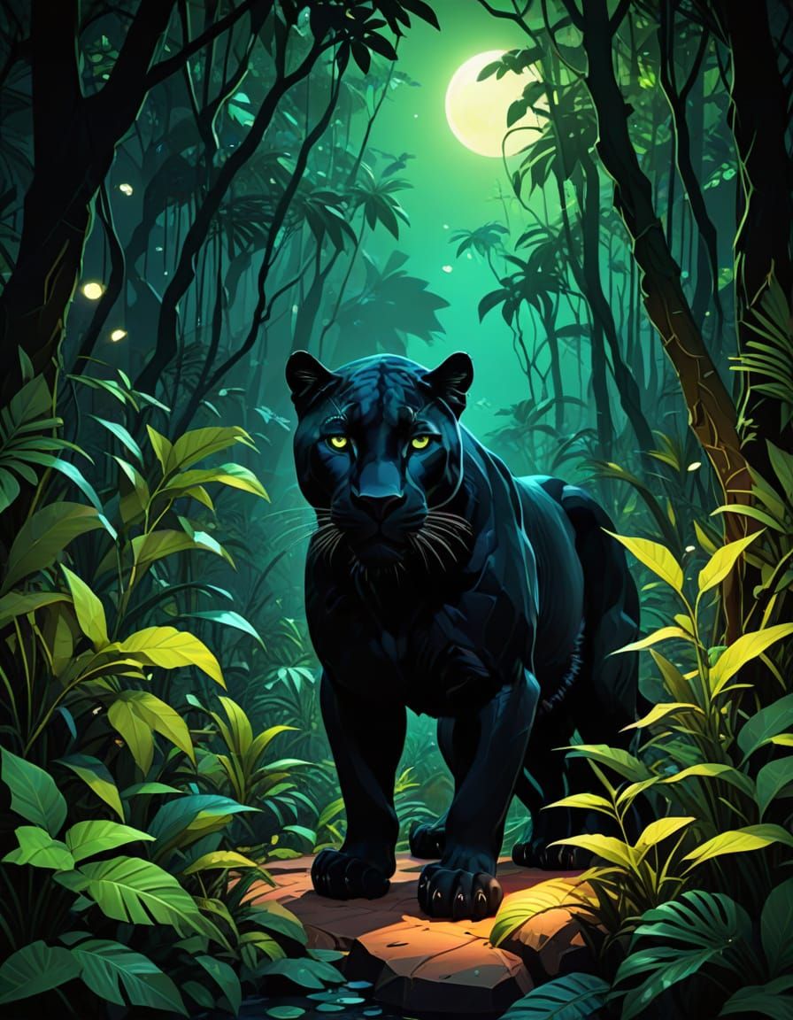 Mysterious Black Panther in a Moonlit Jungle Scene