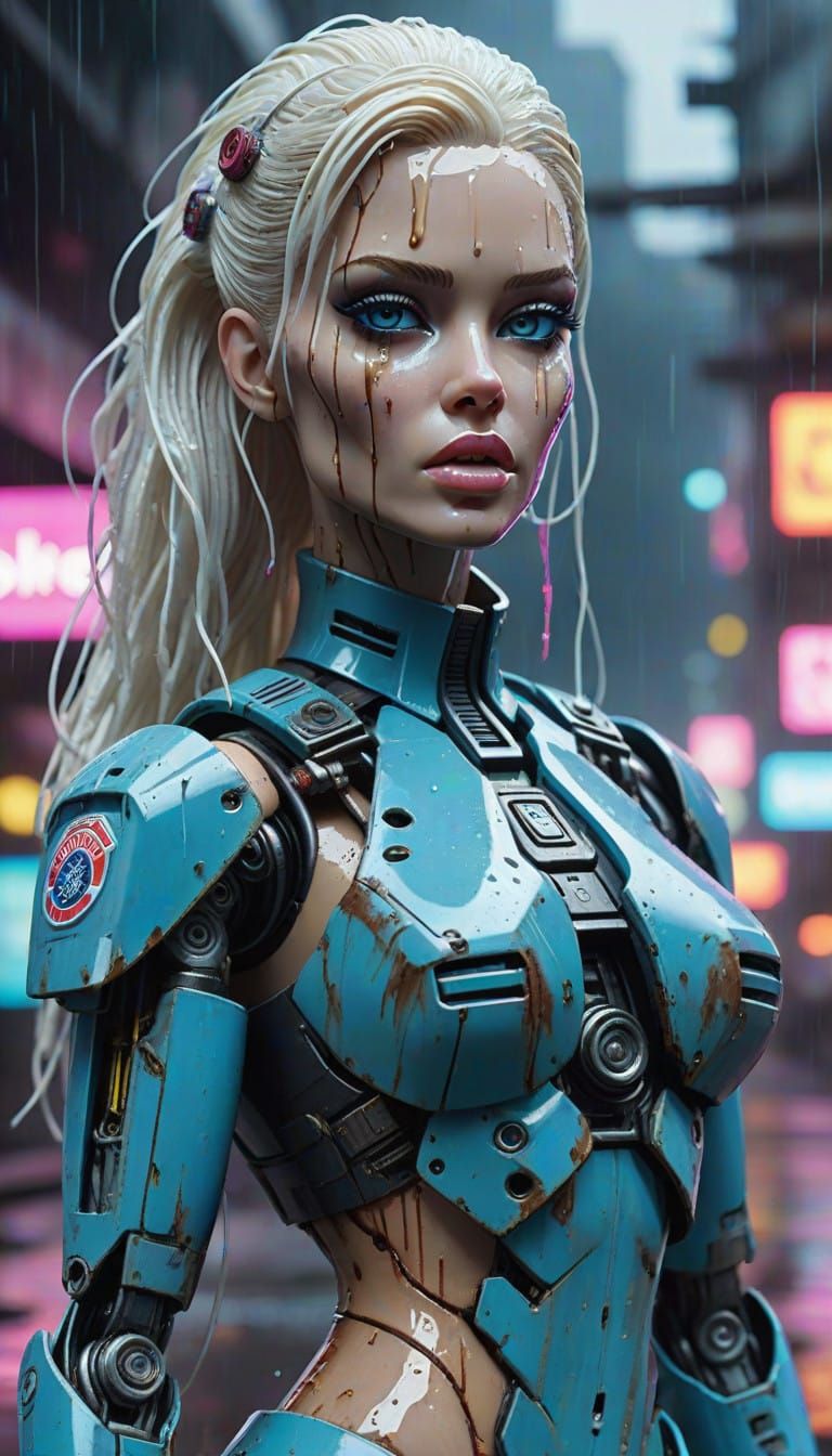 Cyberpunk Policewoman in Rainy Night
