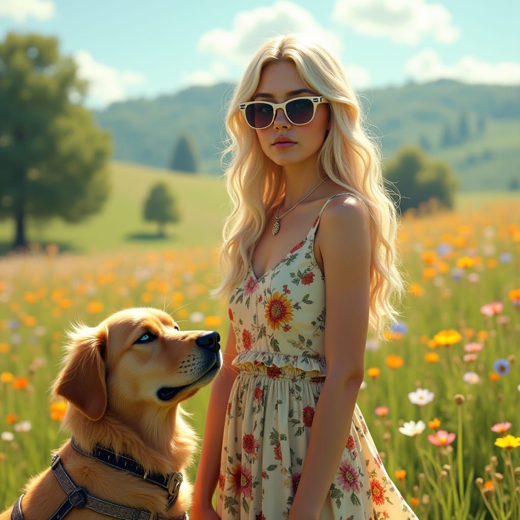 Woman with Guide Dog in Sunny Meadow