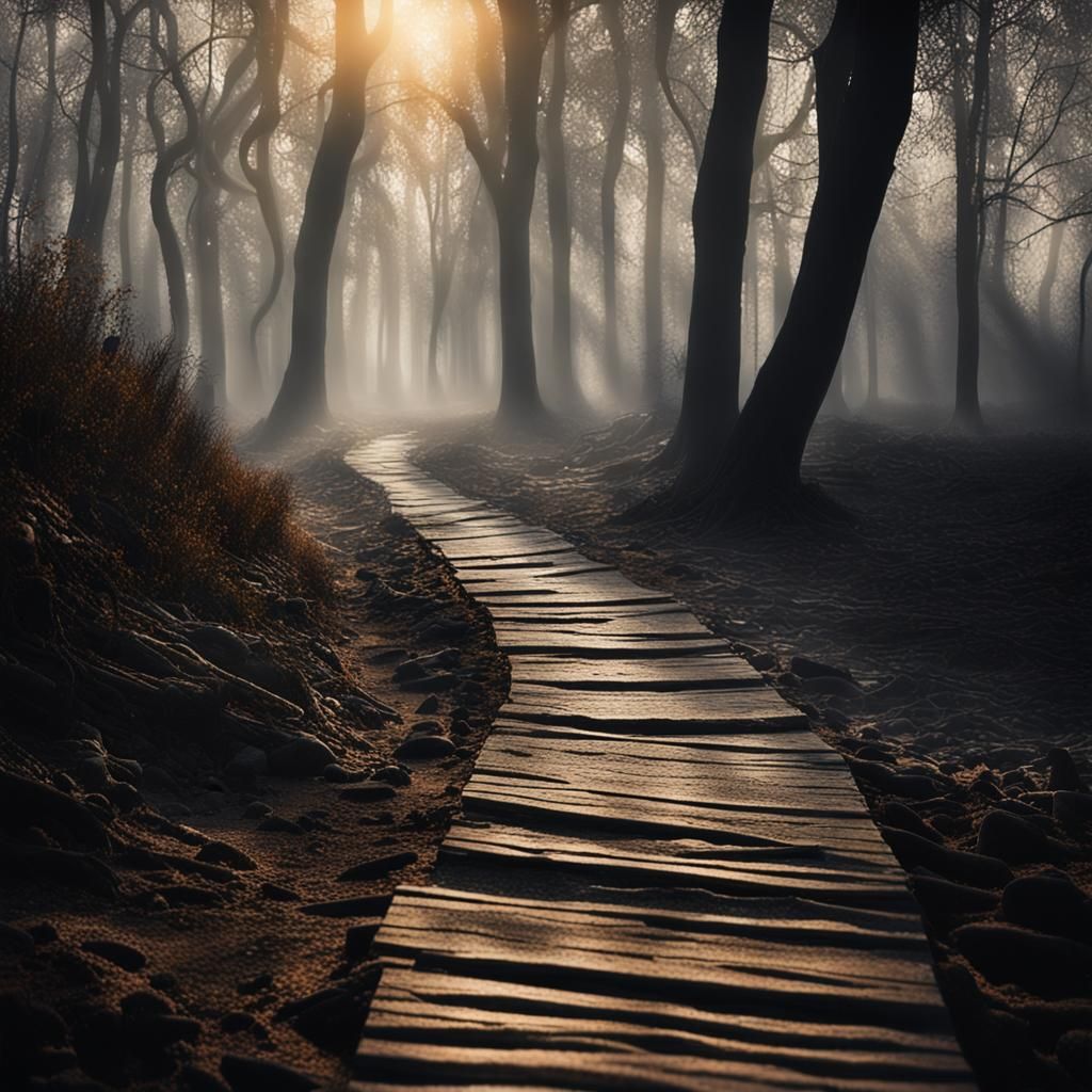 Ethereal Forest Path: Visions of Sunlight and Longing