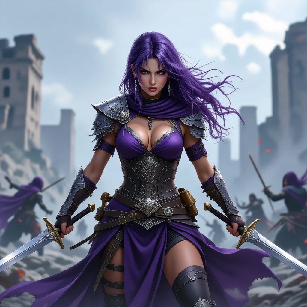 Sensuous Warrior Woman in Combat, Swords Drawn