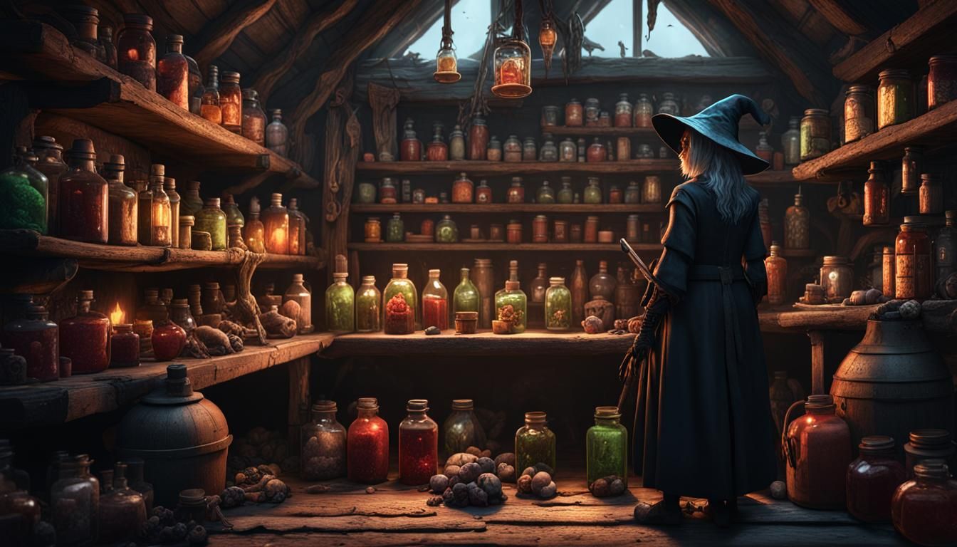 Witch Goblin and Bottled Curiosities in Matte Painting