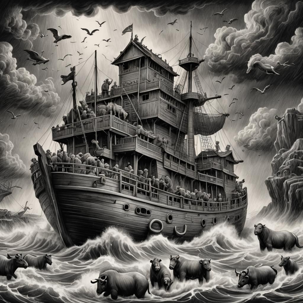 Detailed Charcoal Drawing of Noah's Ark on Stormy Waters