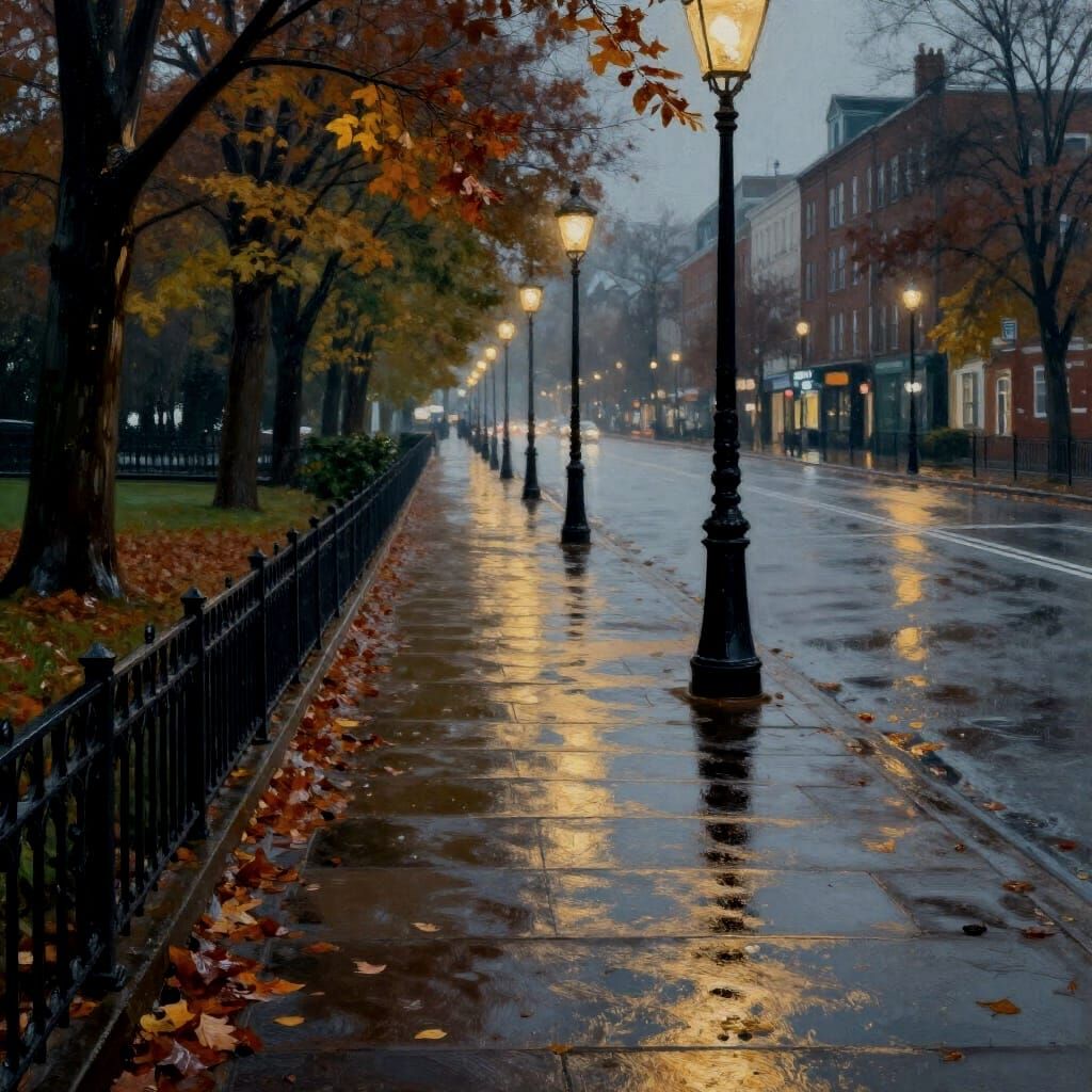 Gauche Painting Of A City Street After Rain At Night