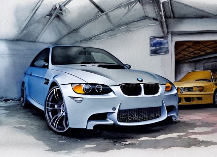BMW M3 in Abandoned Garage as Watercolor