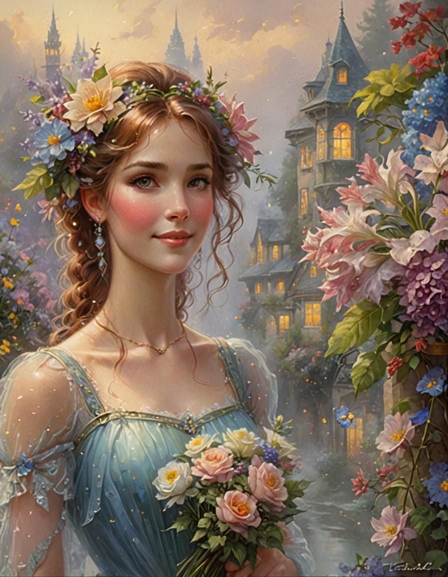 Smiling Woman with Flowers in Ethereal Style