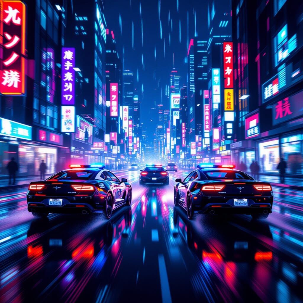 Neon Dystopian City Police Chase in Cinematic Style