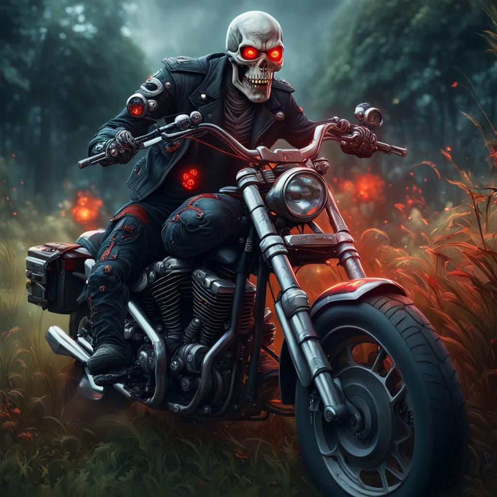 Skeleton Biker on Motorcycle: Detailed Matte Painting