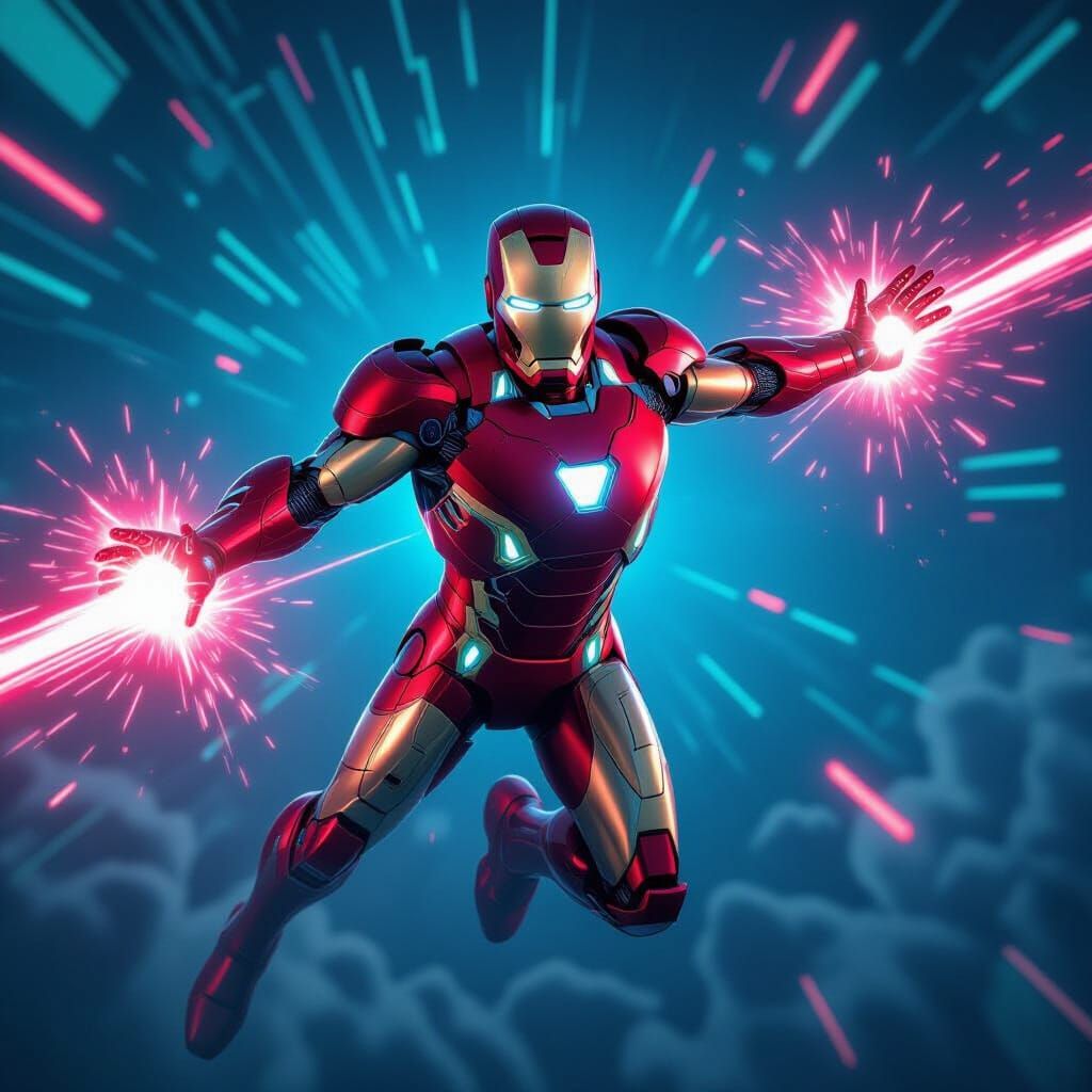 Iron Man with Glowing Logo in Cyberpunk Sky