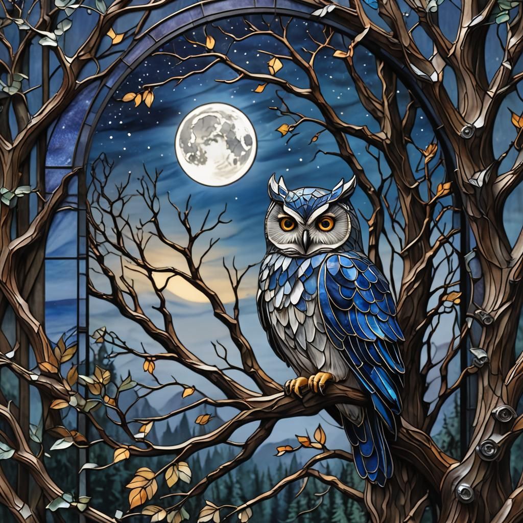 Mystic Owl Stained Glass in Moonlit Forest