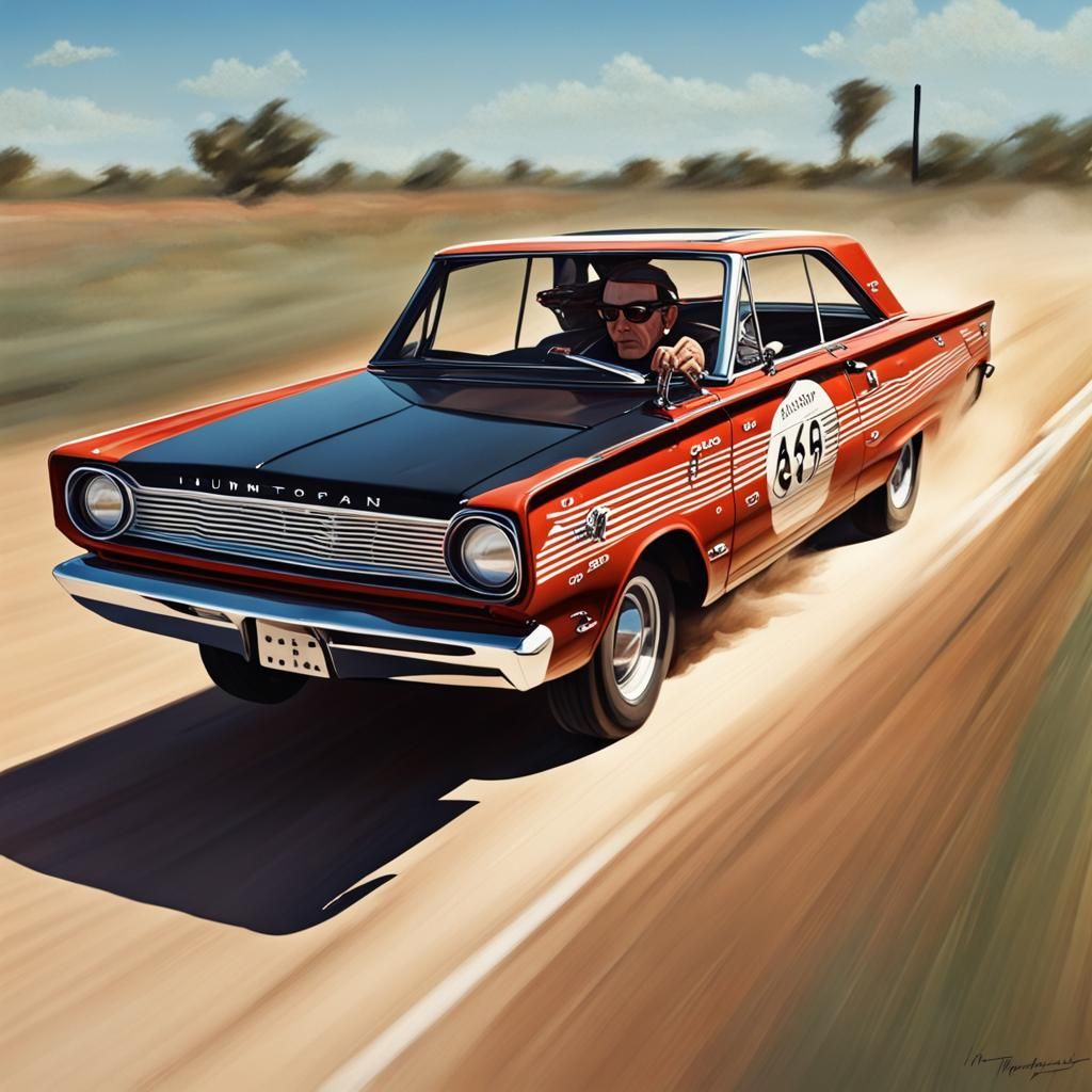 1966 Dodge Dart Races Down Track in Hyperrealism