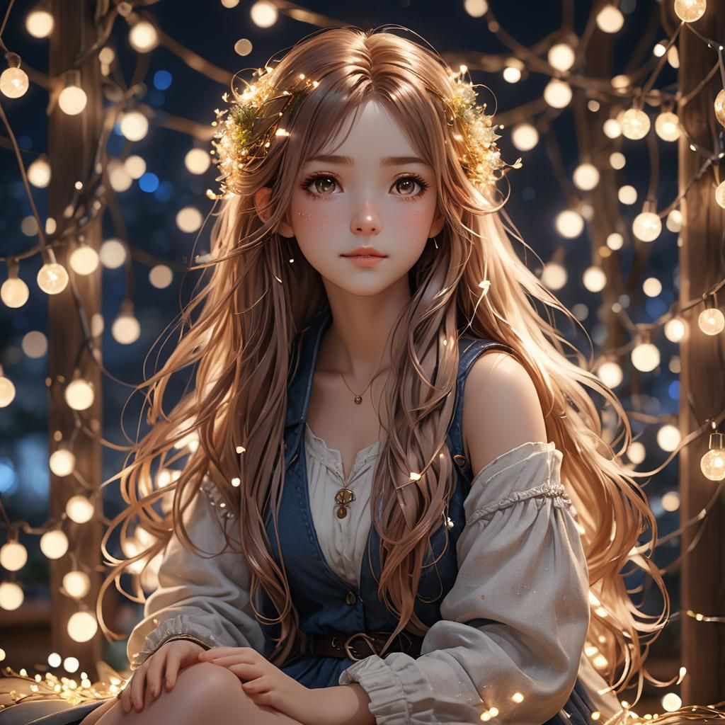 Anime Girl with Iron Hair Under Fairy Lights