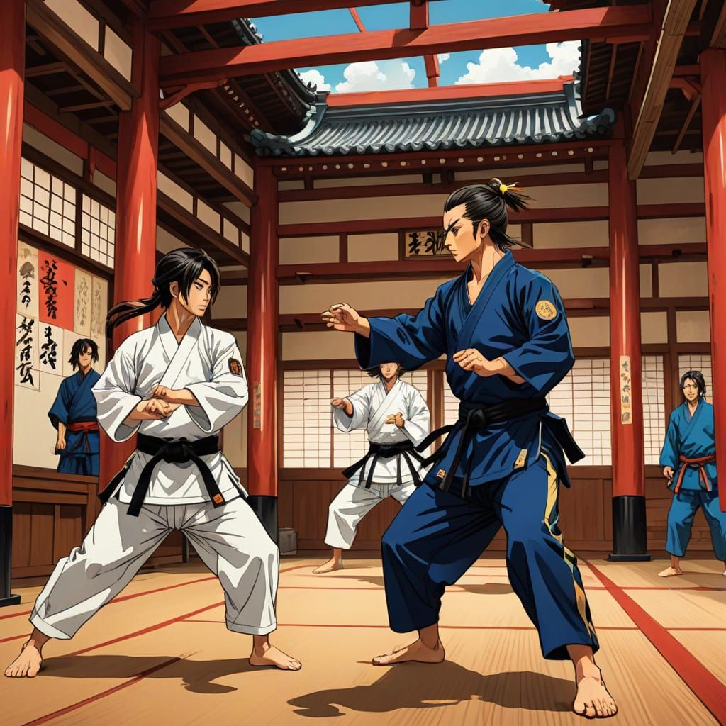 Martial Artists Training in Manga Style Dojo