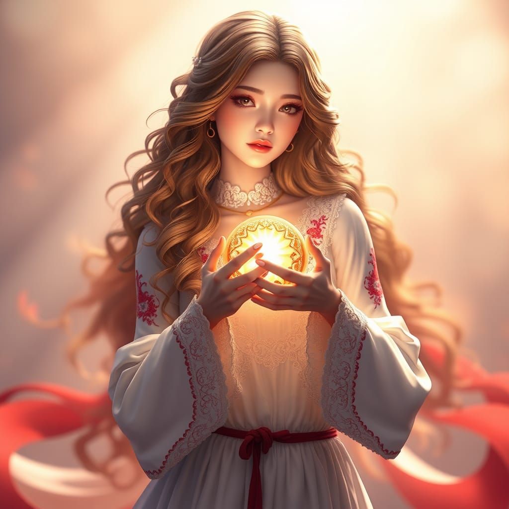 Anime Cleric with Glowing Orb in 3D Art Style