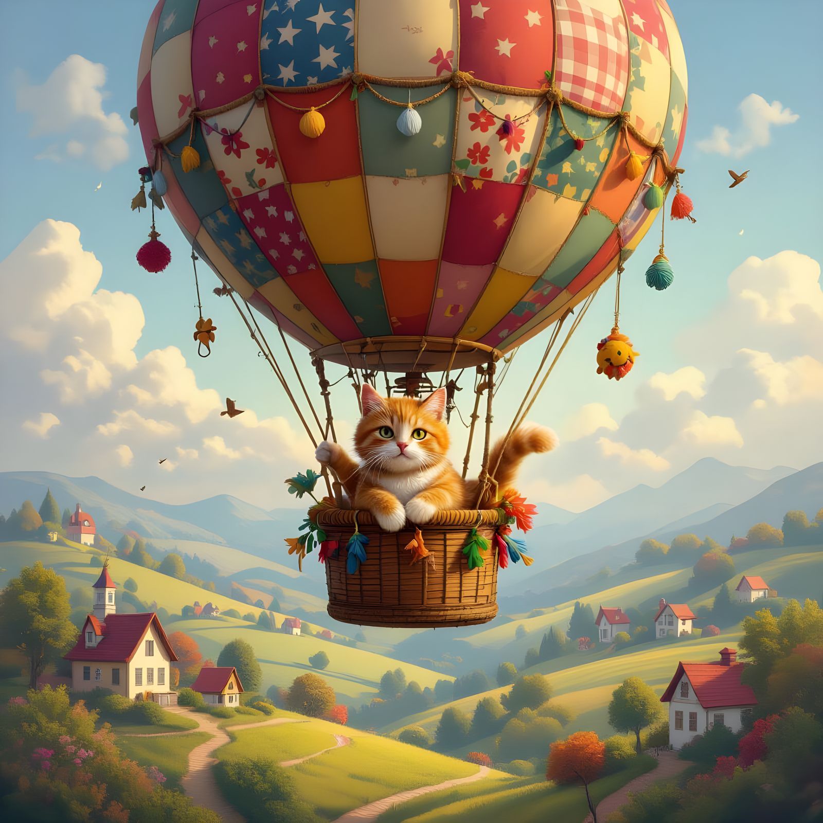 Ginger Cat in Hot Air Balloon, Painterly Style