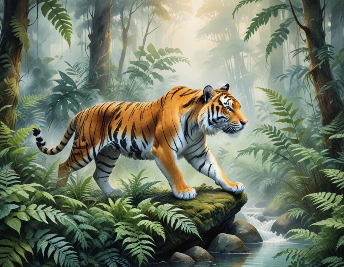 Tiger in Misty Jungle: Watercolour Digital Art