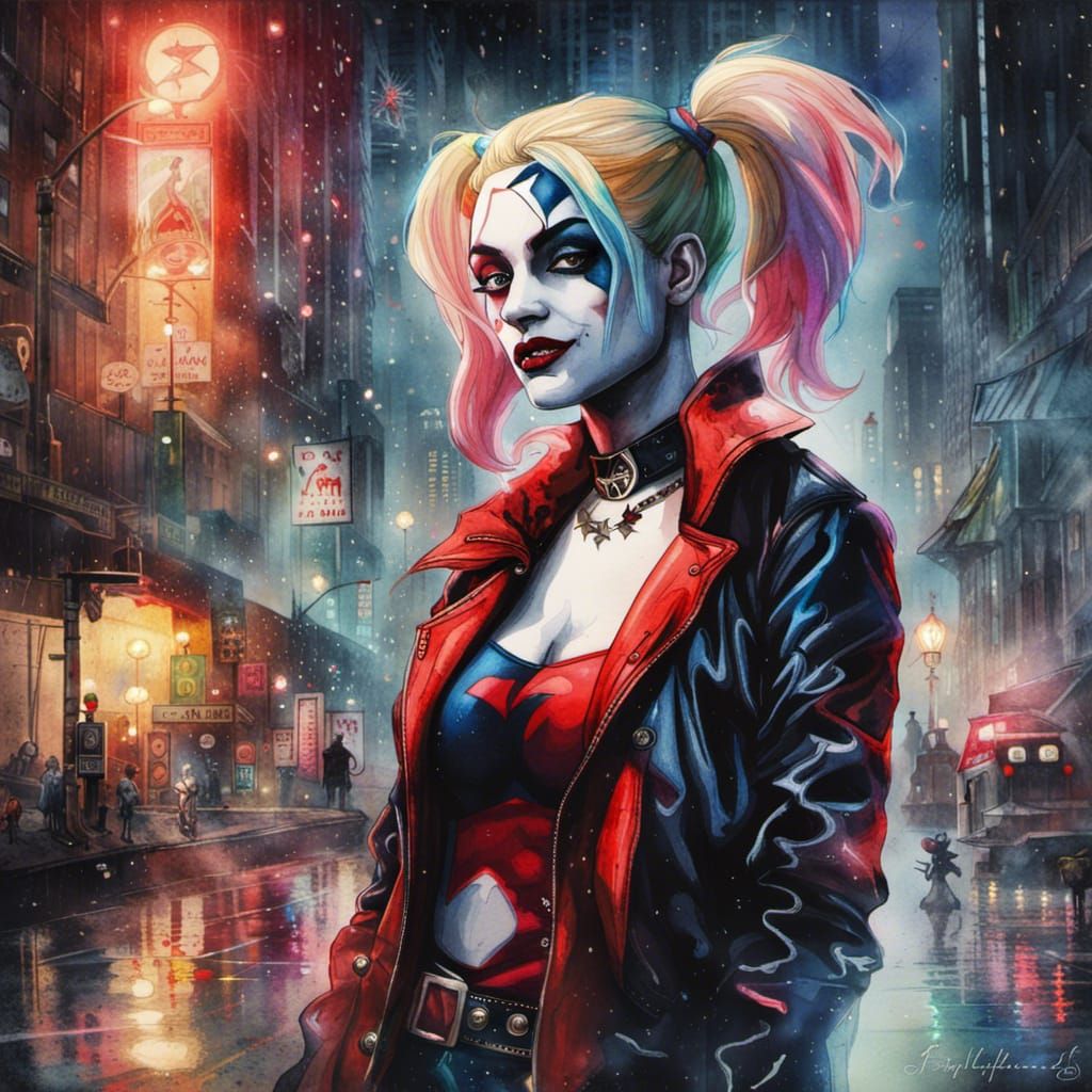 Harley Quinn in rainy Gotham City