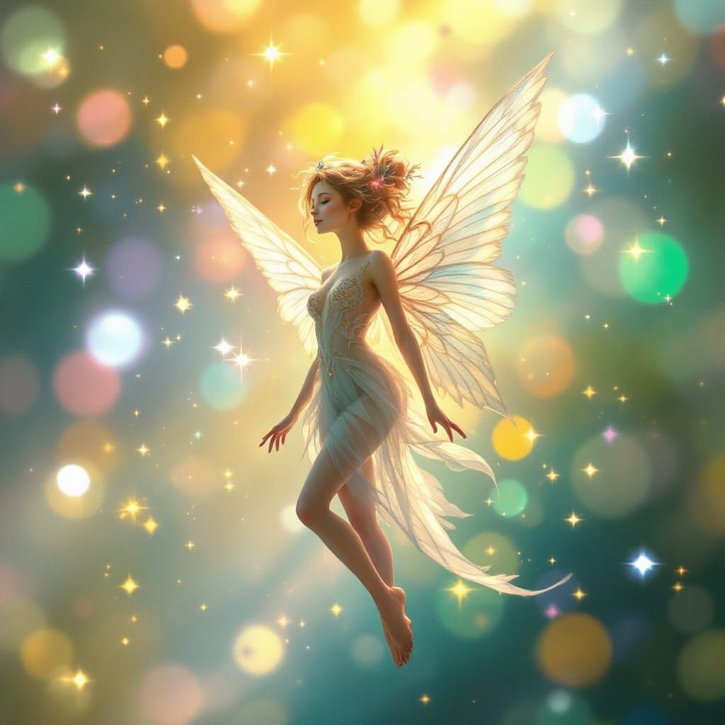 Delicate Fairy Radiant in Whimsical Rainbow Sunset