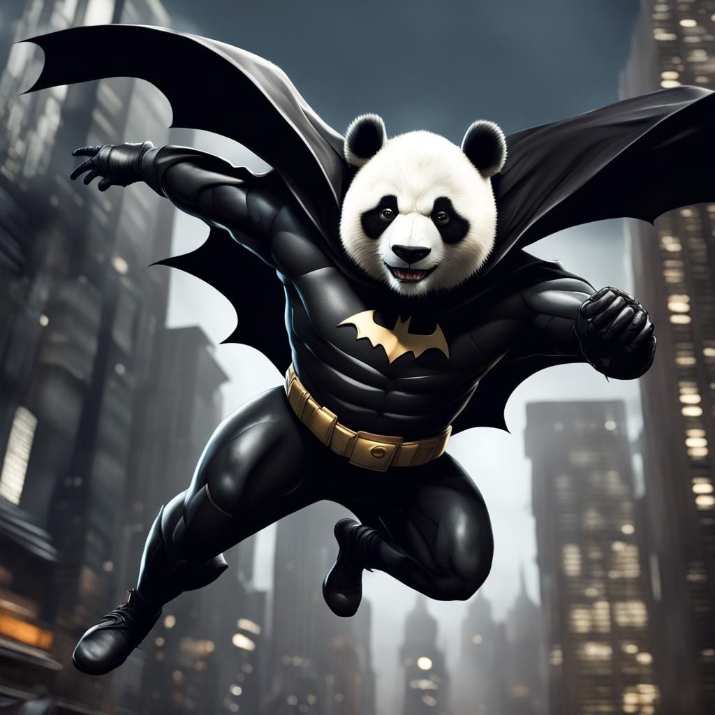 Anthropomorphic Panda Superhero Flying Over Dark City