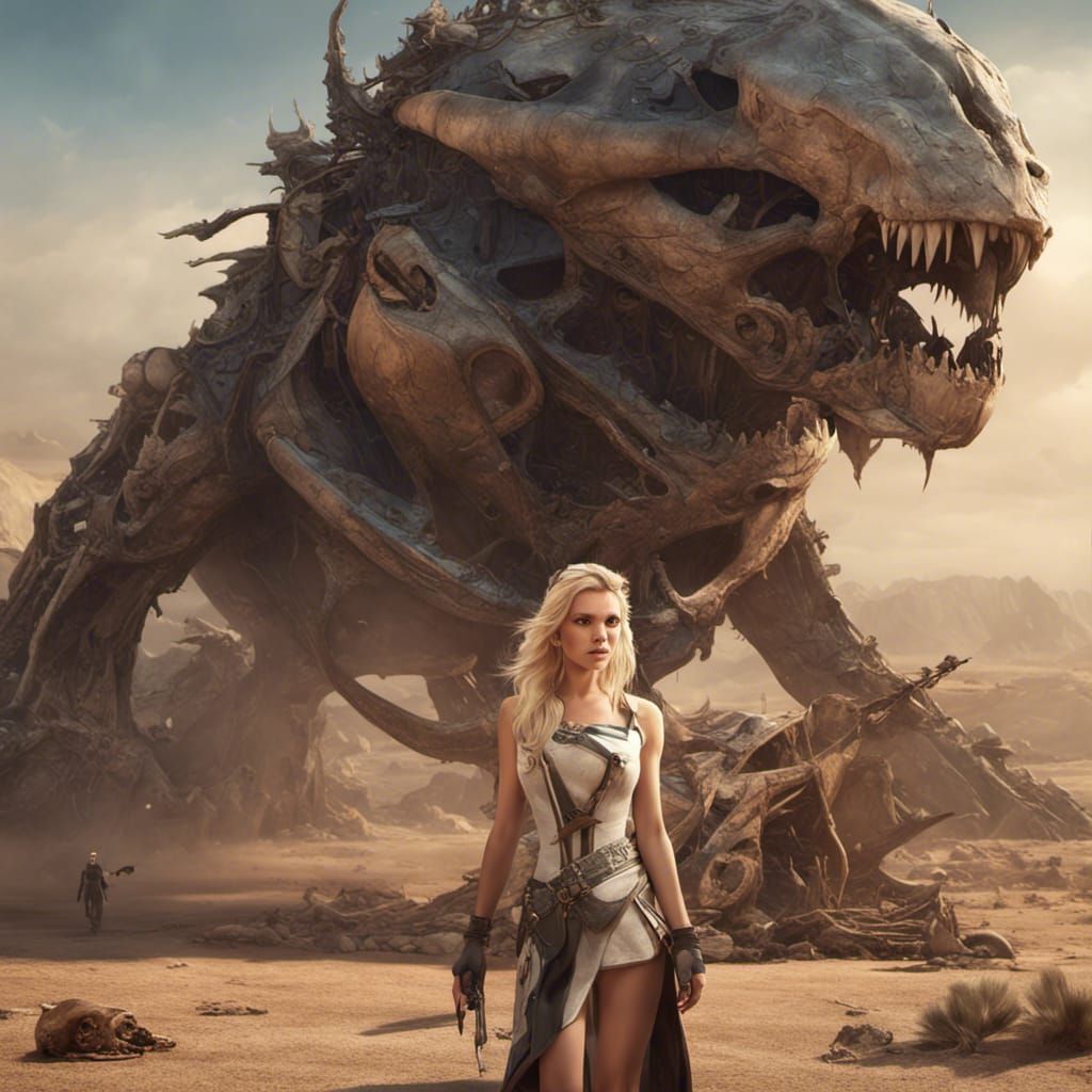 Fantasy Princess with Alien Critter in Desert Wreck