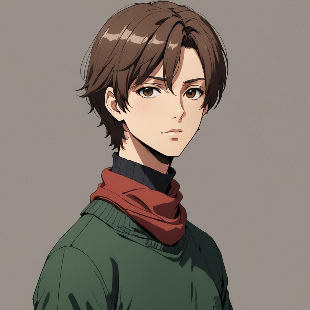 A young man with a brown bob haircut that covers one eye. He...