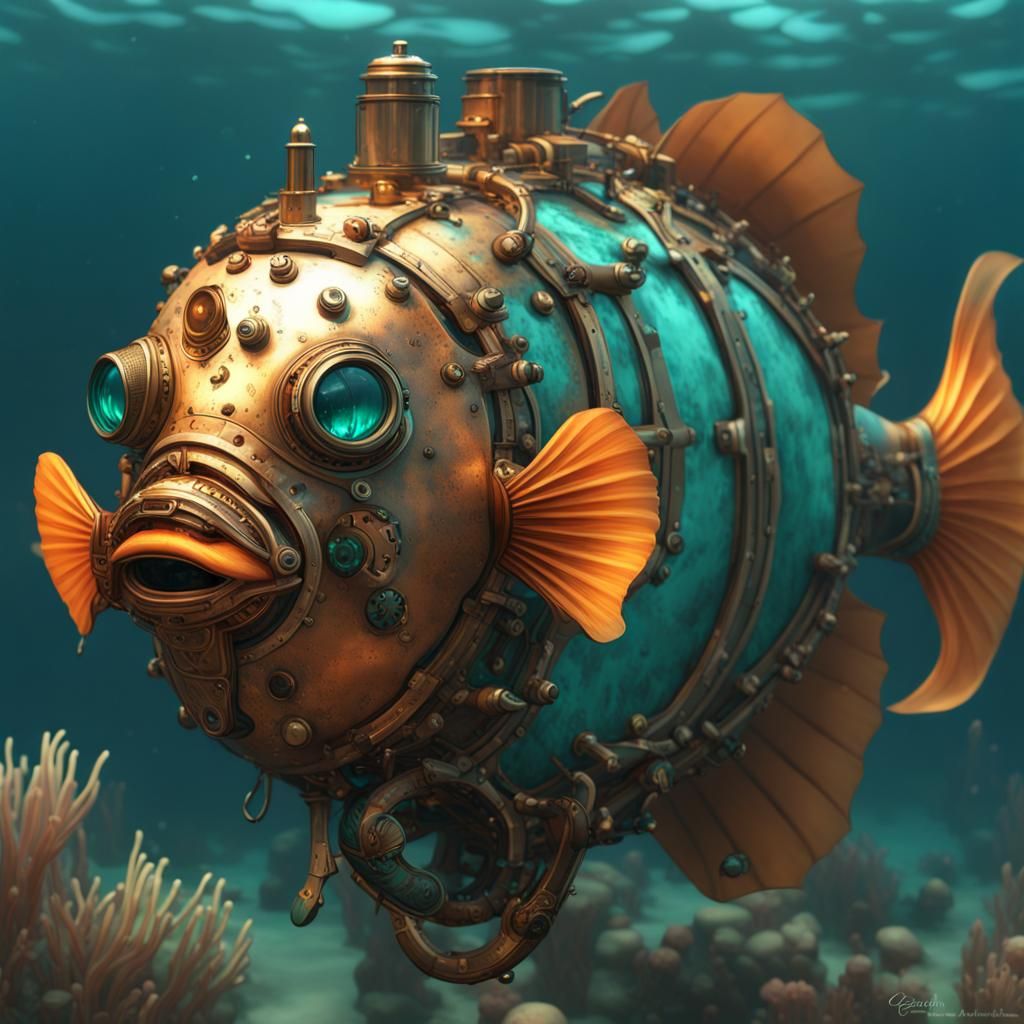 Steampunk Puffer Fish in the Sea