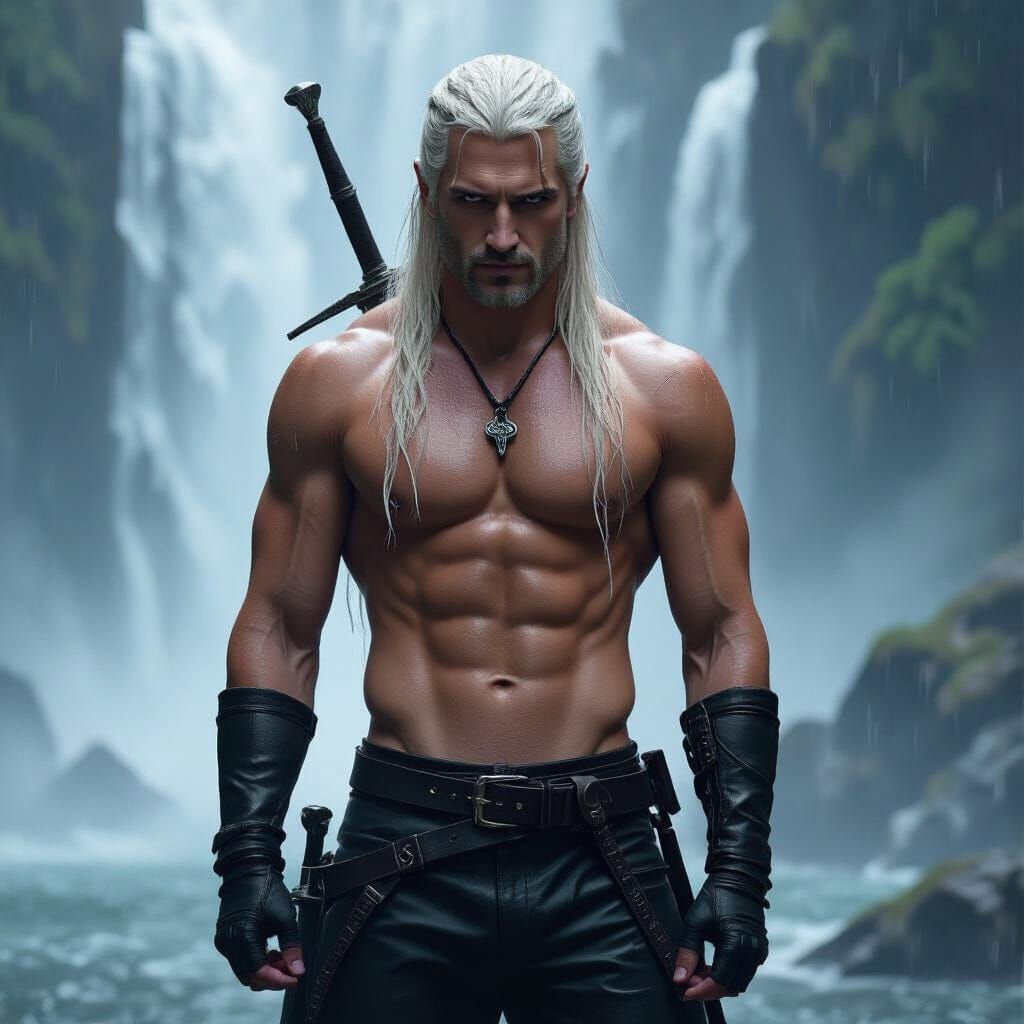 Geralt of Rivia Silhouetted Against Misty Waterfall