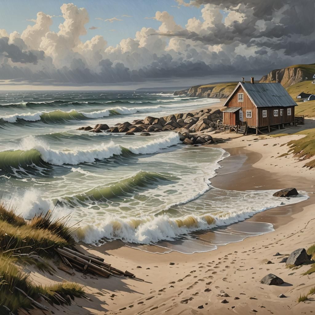 Realistic image of a Peter Severin style painting of a beach...