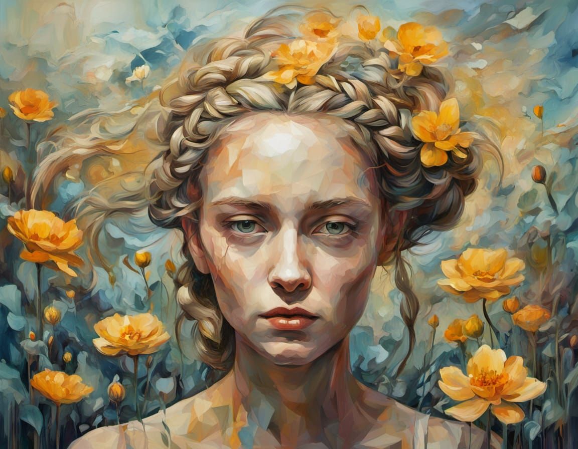 Surreal Pop Art Woman in Flower Field