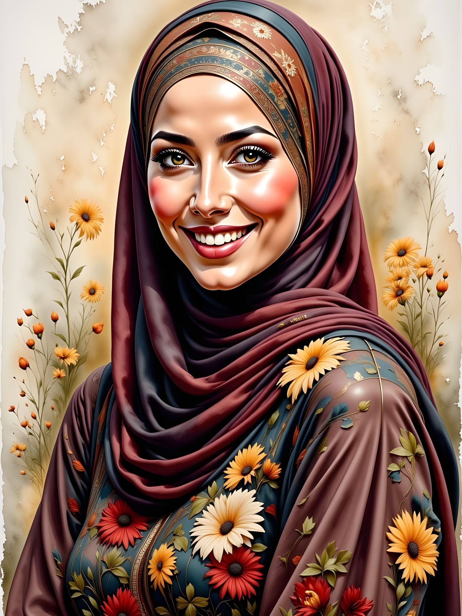 Elegant Woman in Hijab Oil-Guache Portrait