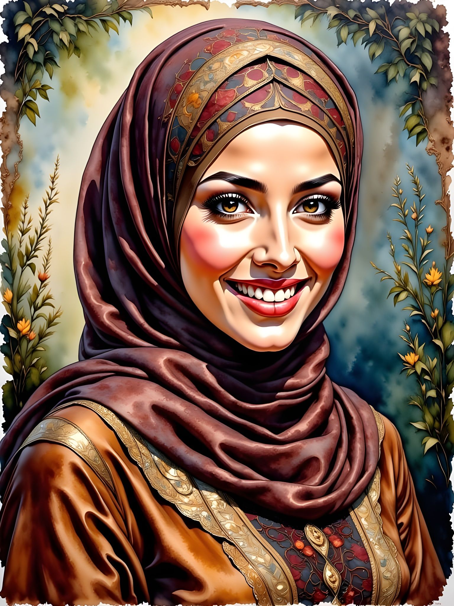 Elegant Woman in Hijab, Oil-Guache Melting Painting