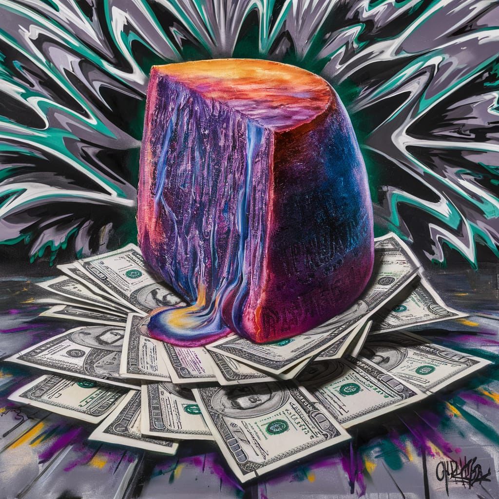 Polychromatic Graffiti Art: Melting Cheese on Dollar Bills