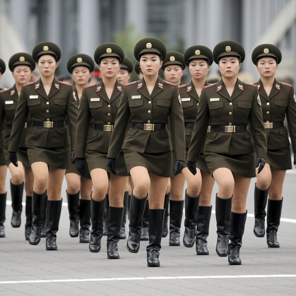 North Korean Female Soldiers in Black Leather Boots March in...