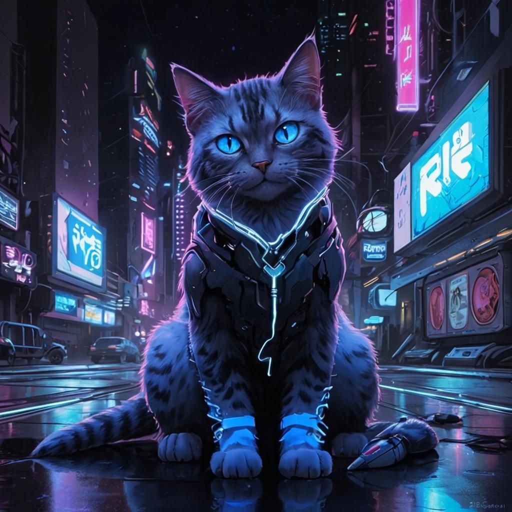 Cyberpunk Cat Portrait with Neon Accents
