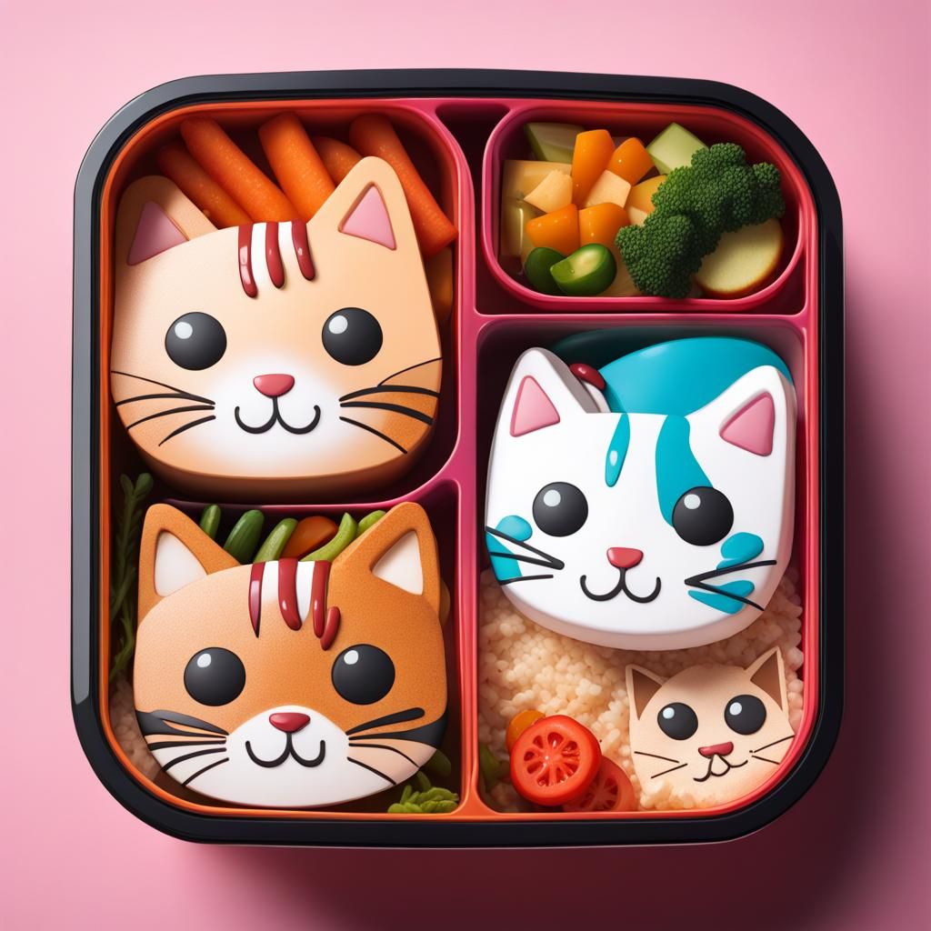 Kawaii Cat Bento Box Hyperrealistic Splash Art