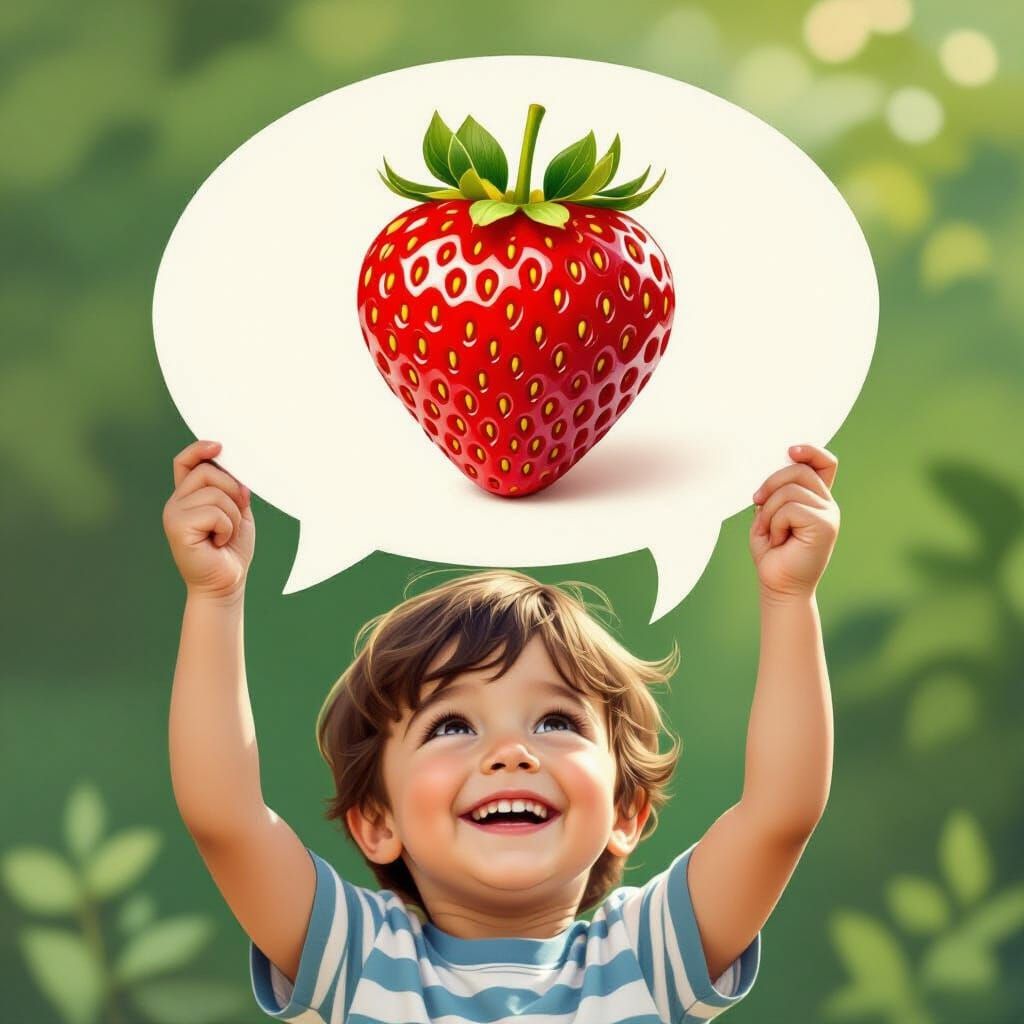 Joyful Boy With Heart Strawberry Thought Bubble