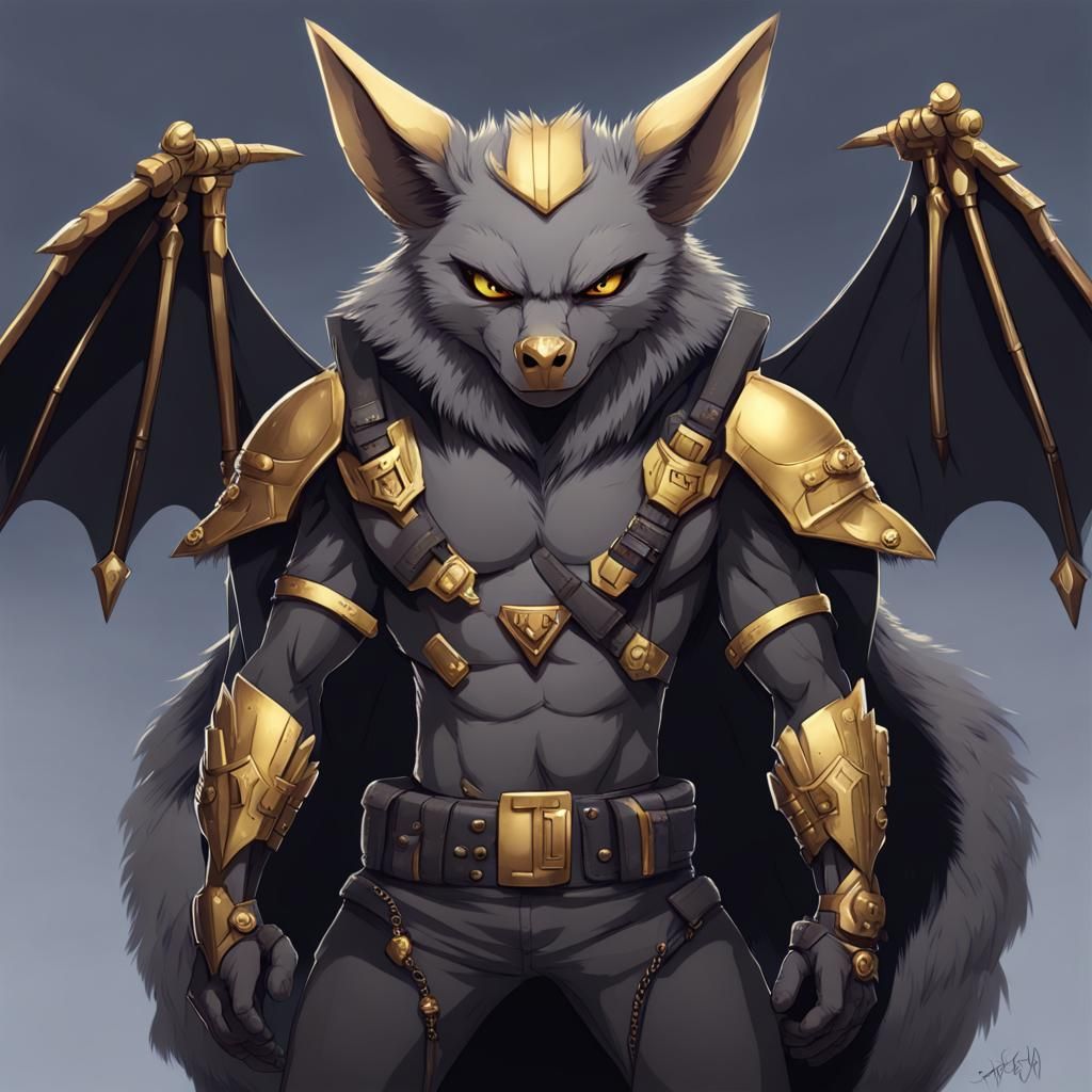 Heavily Armed Anthro Bat with Gold Eyes