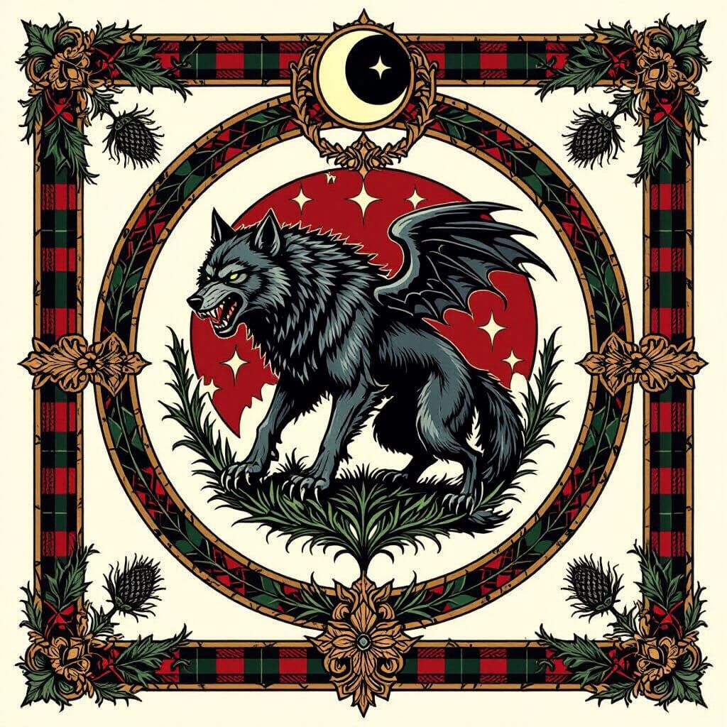 Scottish Werewolf Clan Coat of Arms with Tartan and Thistles