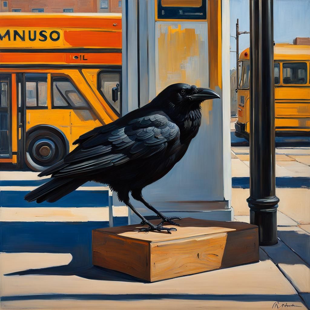 Raven Waiting at Bus Stop in Oil on Oak