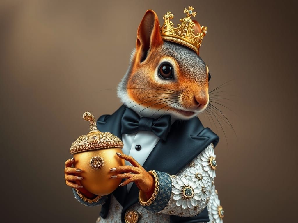 Refined Squirrel in Bespoke Sequin Tuxedo with Gold Accents