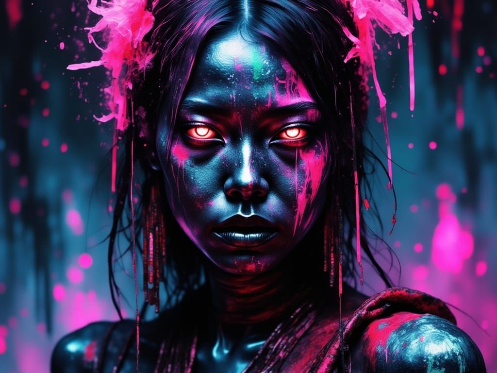 Cyber Neon Haka Dancer in Dark Fantasy Style