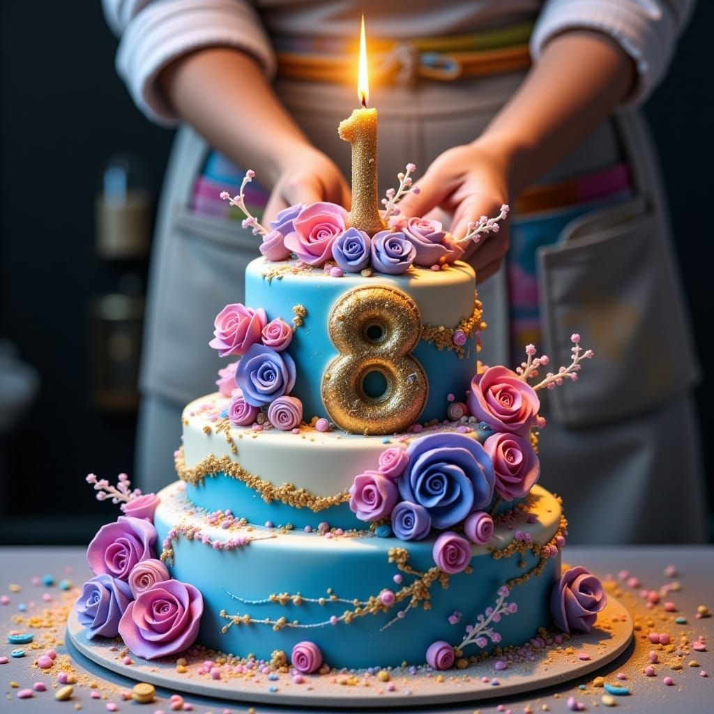 Joyful Baker Crafts Majestic Birthday Cake in Vibrant Hyperr...