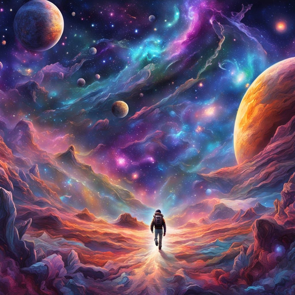 Cosmic Ride: Holographic Astral Illustration in Mixed Media