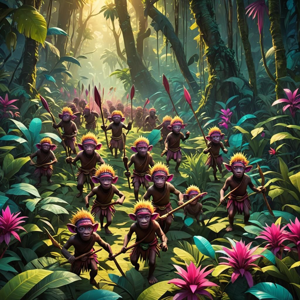 Pygmy Tribe Journey Through Vibrant Jungle: 3D Render