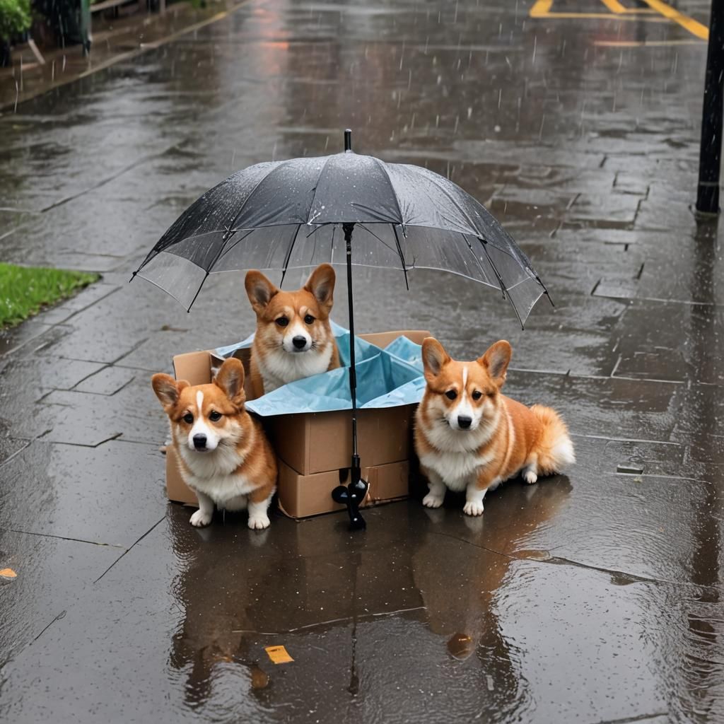 Corgi Puppies Seek Shelter from Rain