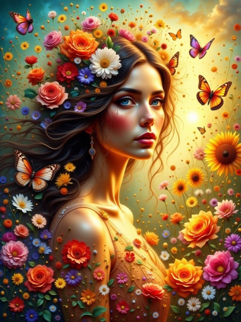 Radiant Woman in Blossoming Garden as Impasto Painting